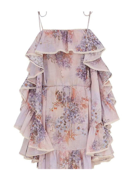 Fine Ruffled Print Cotton Spaghetti Strap Dress Summer