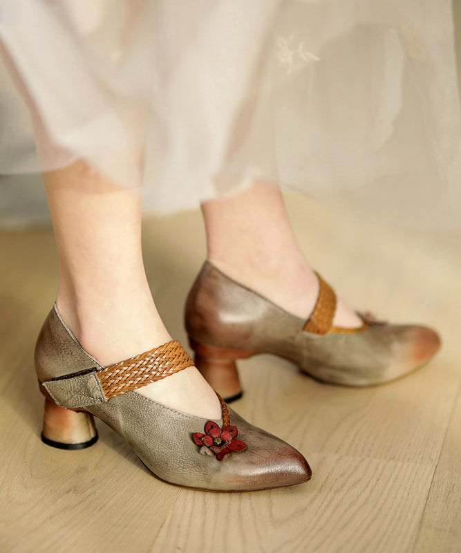 Fine Splicing Buckle Strap Chunky High Heels Grey Cowhide Leather
