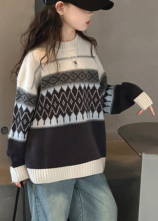 Fine Striped Plaid Patchwork Cotton Knit Sweater Spring