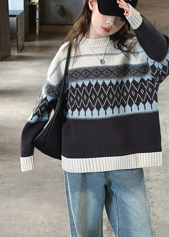 Fine Striped Plaid Patchwork Cotton Knit Sweater Spring