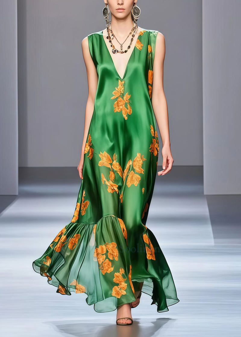 Fine Tea Green V Neck Print Silk Vacation Dresses Sleeveless