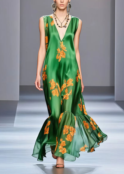 Fine Tea Green V Neck Print Silk Vacation Dresses Sleeveless