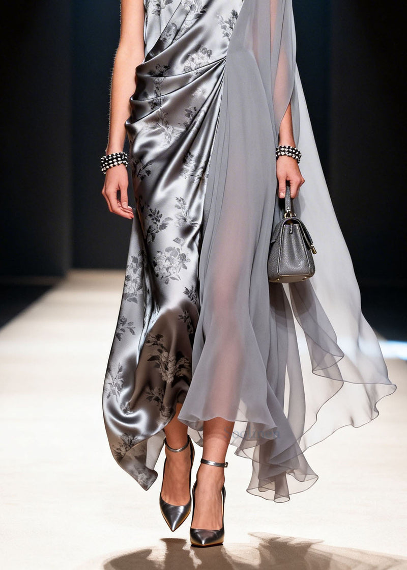 Fine V Neck Asymmetrical Design Print Patchwork Chiffon Dress Summer