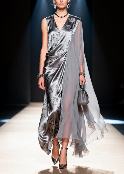 Fine V Neck Asymmetrical Design Print Patchwork Chiffon Dress Summer