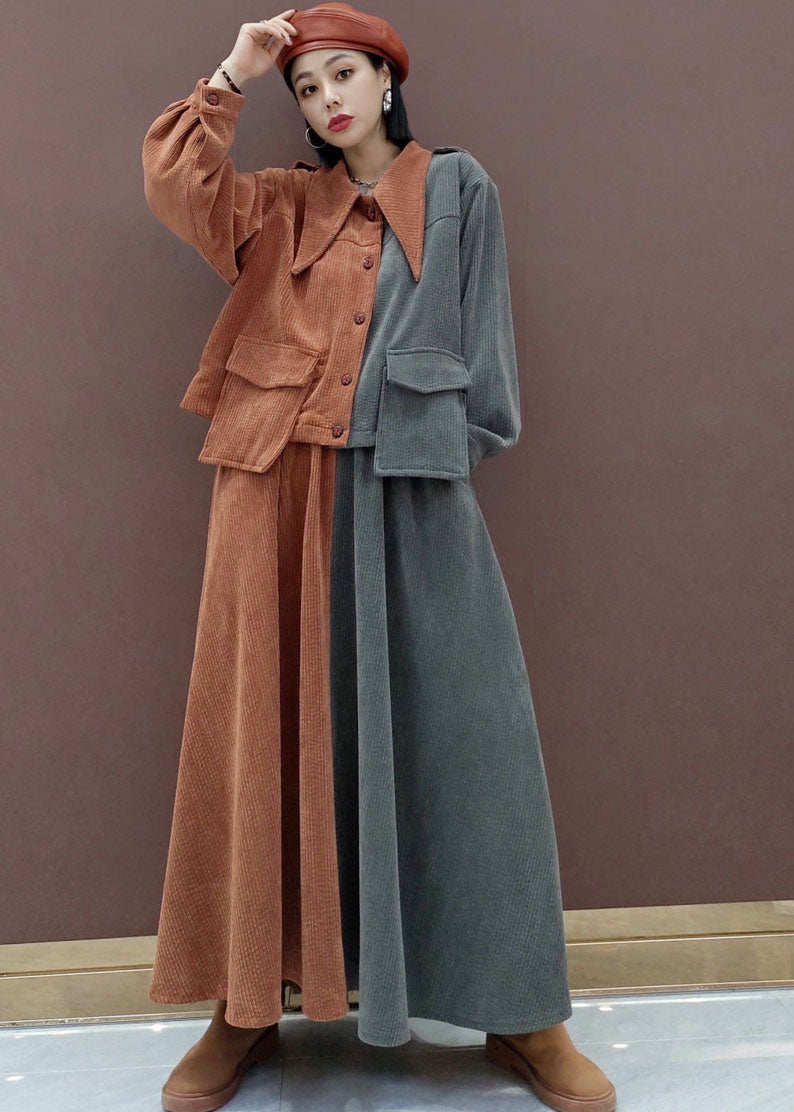Fine V Neck Patchwork Corduroy Long Sleeved Tops Circle Skirts Two Piece Set Outfits