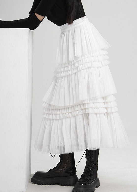 Fine White Asymmetrical Wrinkled Tulle Skirts Spring