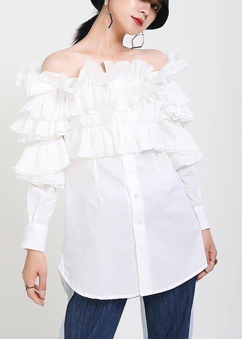 Fine White Cold Shoulder Slash neck Long sleeve Shirt Tops