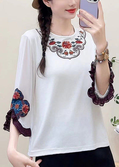 Fine White Embroidered Cotton Shirts Flare Sleeve