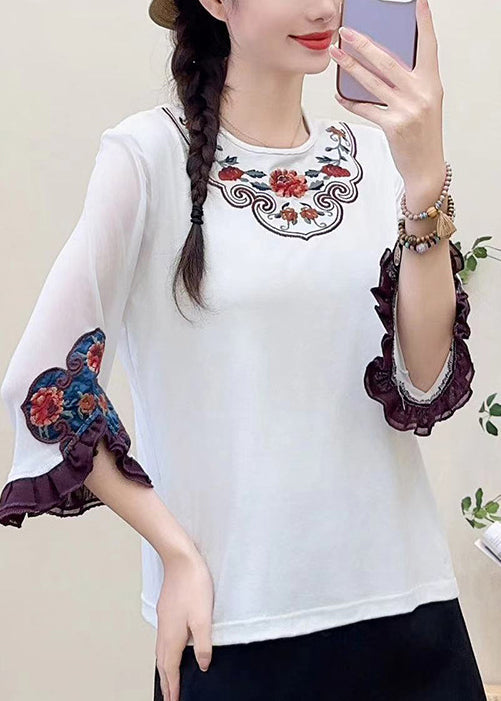 Fine White Embroidered Cotton Shirts Flare Sleeve