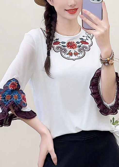 Fine White Embroidered Cotton Shirts Flare Sleeve