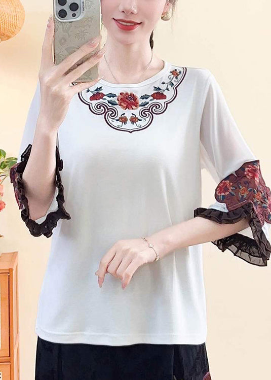 Fine White Embroidered Cotton Shirts Flare Sleeve