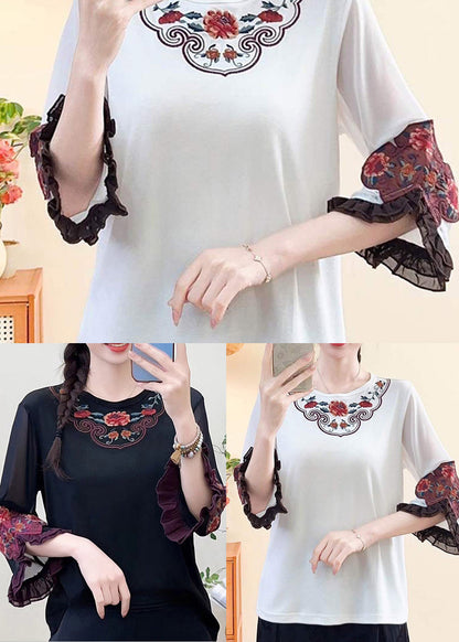 Fine White Embroidered Cotton Shirts Flare Sleeve