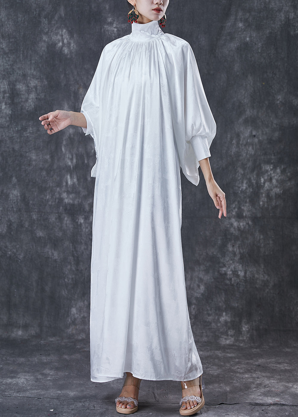 Fine White High Neck Draping Wear on Both Sides Silk Long Dresses Spring