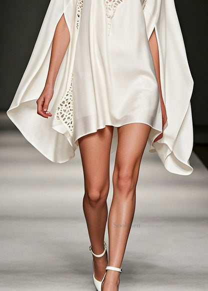 Fine White Hollow Out Lace Silk Dress Batwing Sleeve