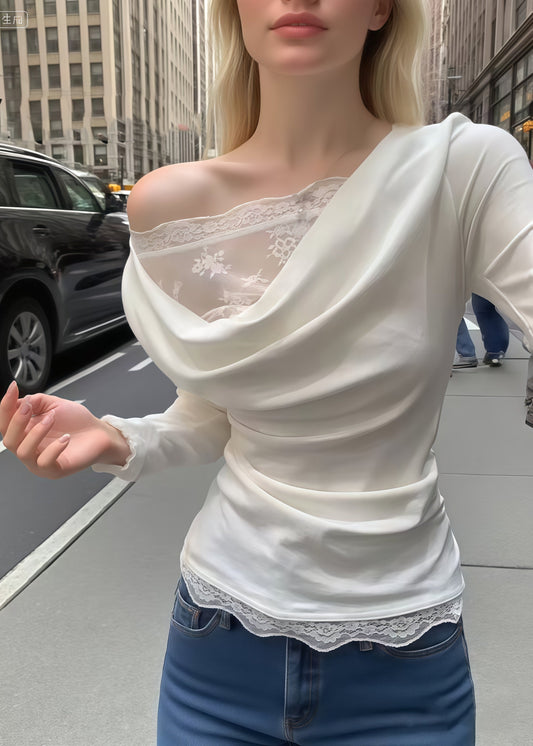 Fine White Lace Patchwork Wrinkled Cotton Tops Fall