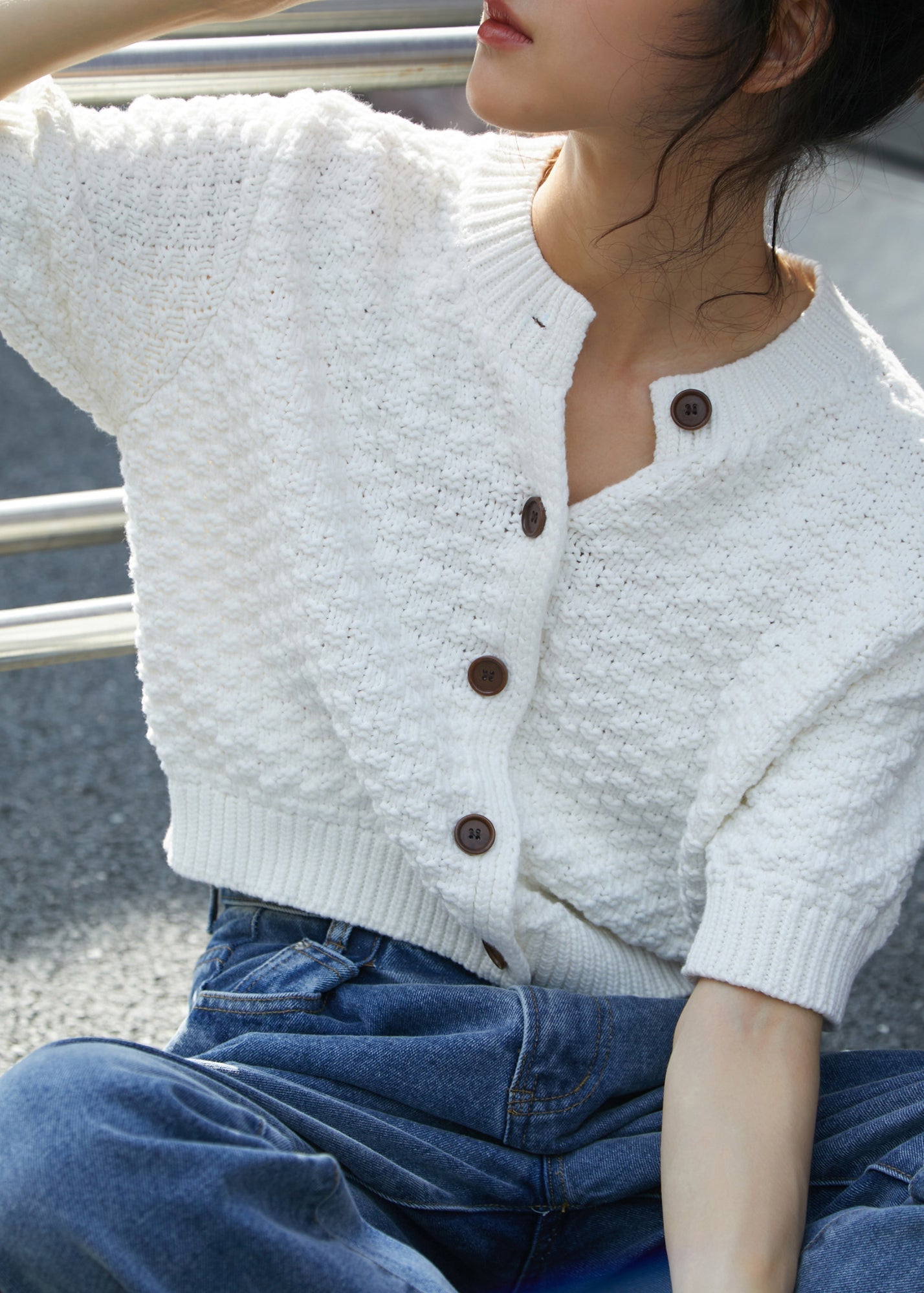 Fine White O-neck Button Cozy Knit Sweaters Fall