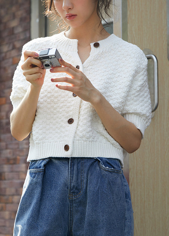 Fine White O-neck Button Cozy Knit Sweaters Fall