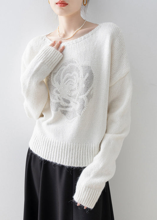 Fine White O Neck Zircon Knit Sweaters Spring