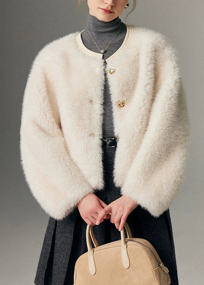 Fine White Original Design Button Leather and Fur Coat