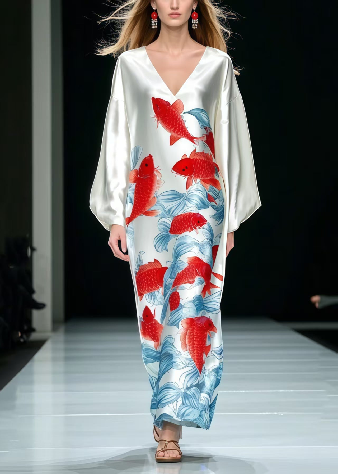 Fine White Oversized Koi Fish Print Silk Dress Spring