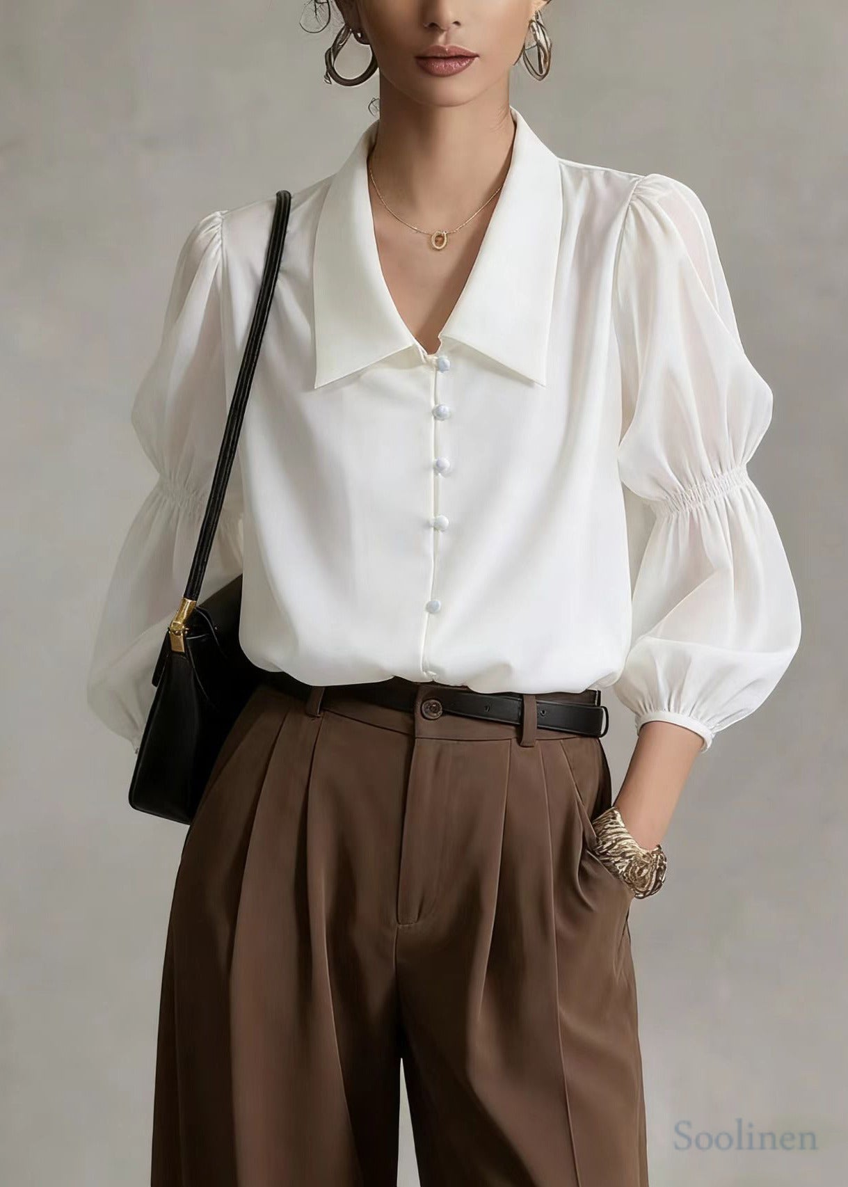 Fine White Peter Pan Collar Chinese Button Blouse Top Lantern Sleeve