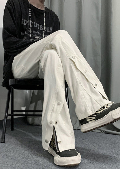 Fine White Pockets Side Open Patchwork Denim Pants Fall