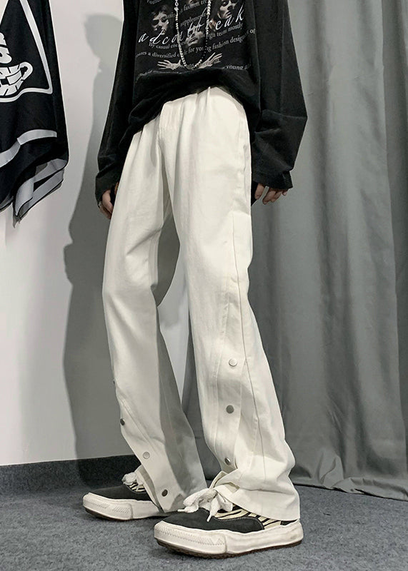 Fine White Pockets Side Open Patchwork Denim Pants Fall
