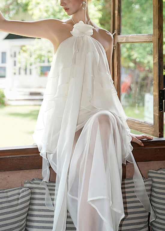 Fine White Ruffled Asymmetrical Designpatchwork Chiffon Dresses Summer