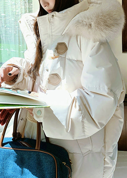 Fine White Stand Collar Pockets Thick Hooded Fine Cotton Filled Parka Winter