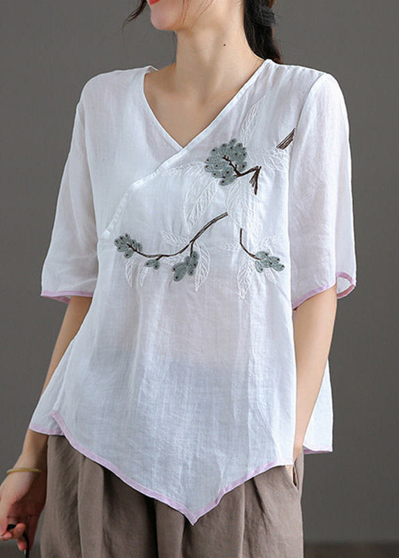 Fine White V Neck Embroideried Linen Top Short Sleeve