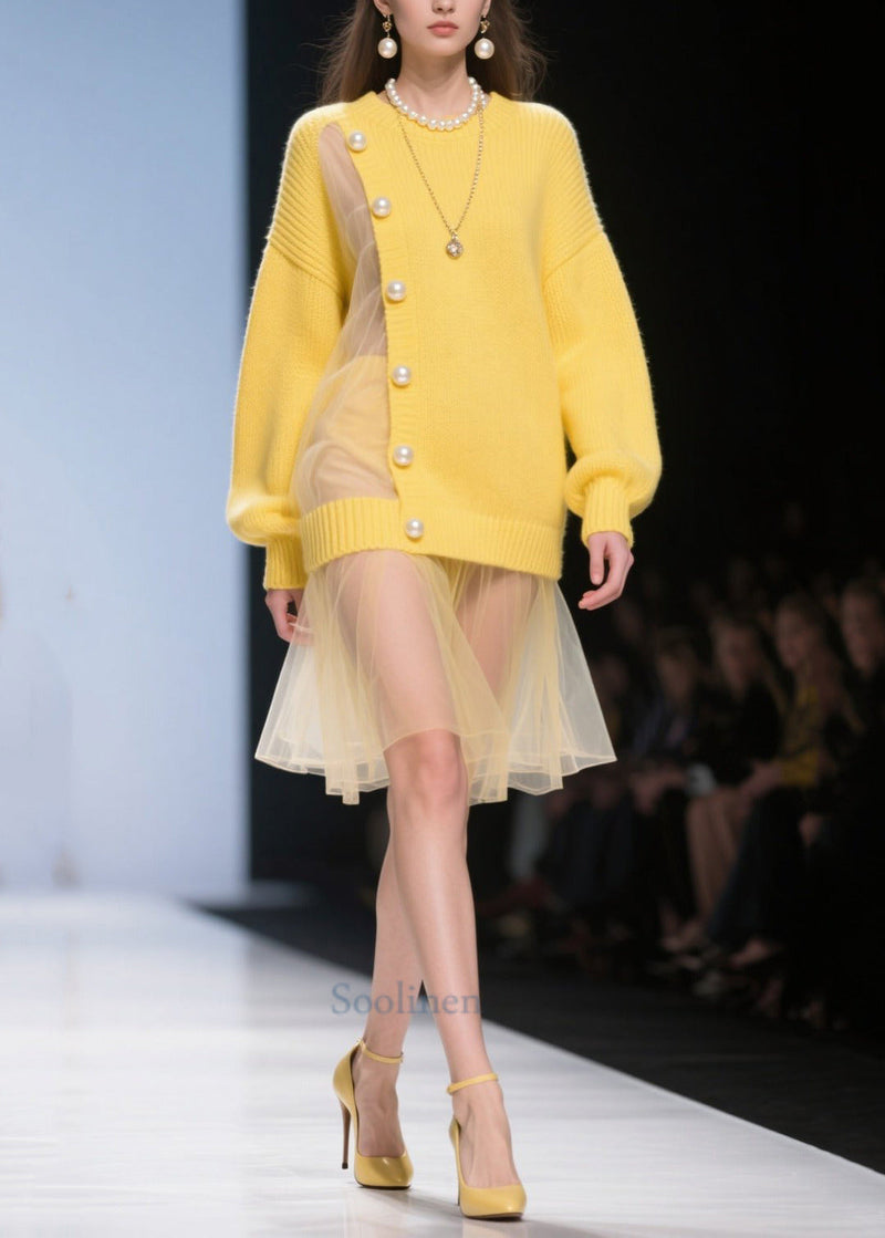 Fine Yellow Big Pearl Patchwork Tulle Knitted Dress Winter