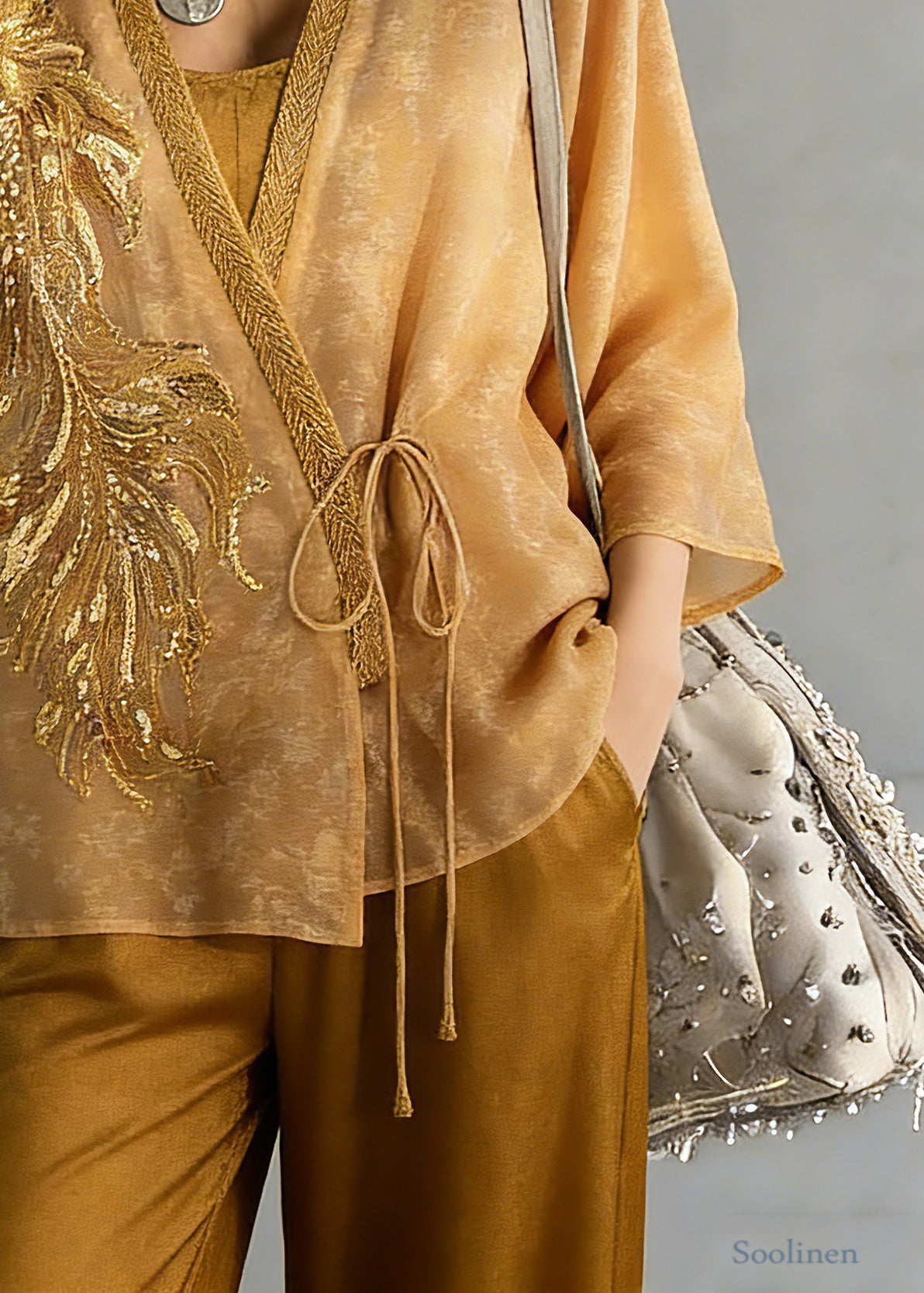 Fine Yellow Embroidered Tie Waist Silk Cardigans Three Quarter Sleeve Sleeve