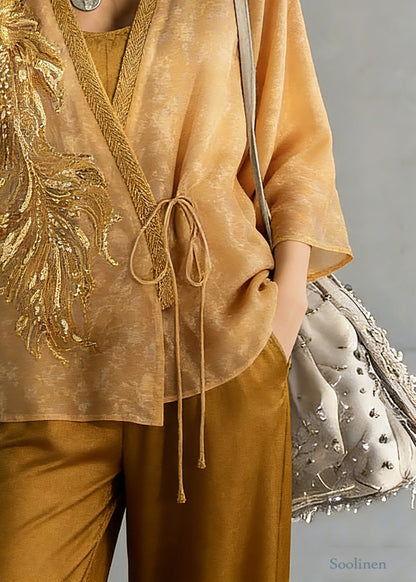 Fine Yellow Embroidered Tie Waist Silk Cardigans Three Quarter Sleeve Sleeve