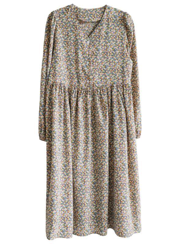 Fine Yellow Green Print Cinched V Neck Vacation Dresses Chiffon Dress