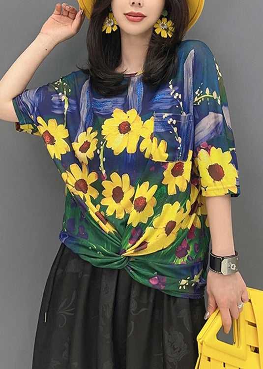Fine Yellow O-neck Print T Shirt Half Sleeve