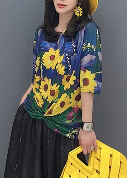 Fine Yellow O-neck Print T Shirt Half Sleeve