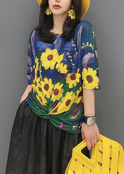 Fine Yellow O-neck Print T Shirt Half Sleeve