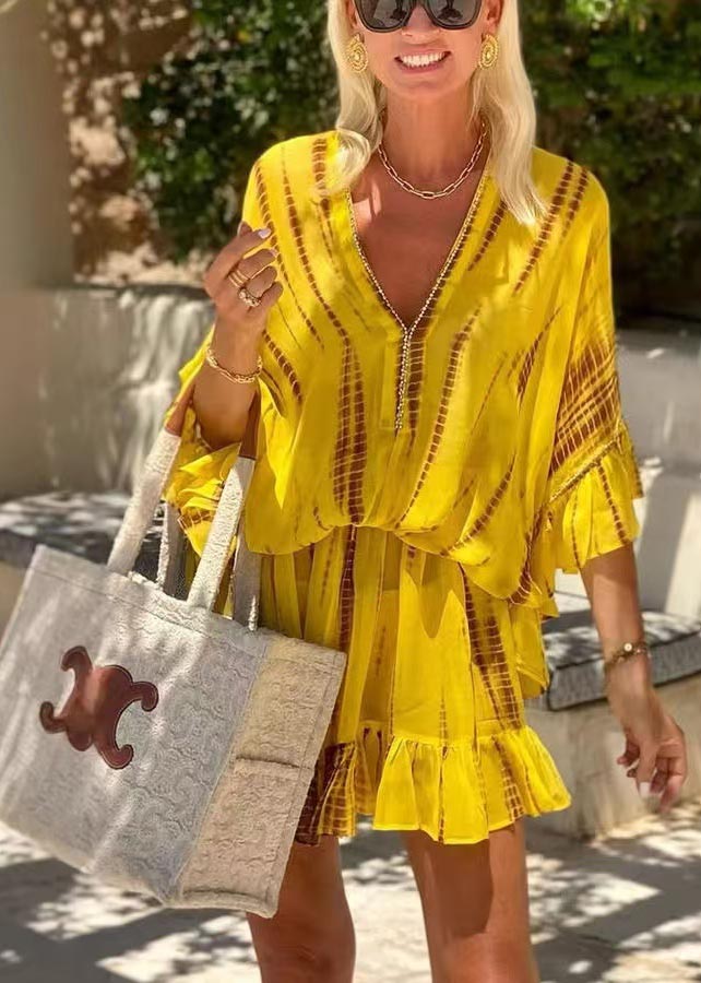 Fine Yellow Print Zircon Chiffon Beach Dress Batwing Sleeve