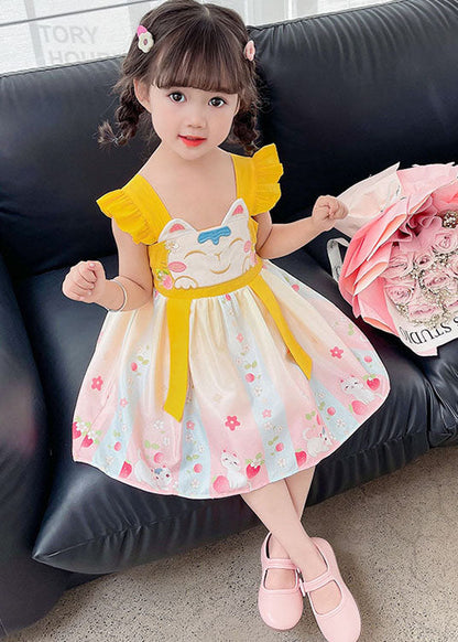 Fine Yellow Ruffled Embroideried Patchwork Cotton Baby Dresses Summer
