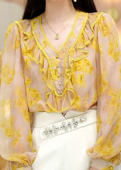 Fine Yellow V Neck Ruffled Print Chiffon Top Spring