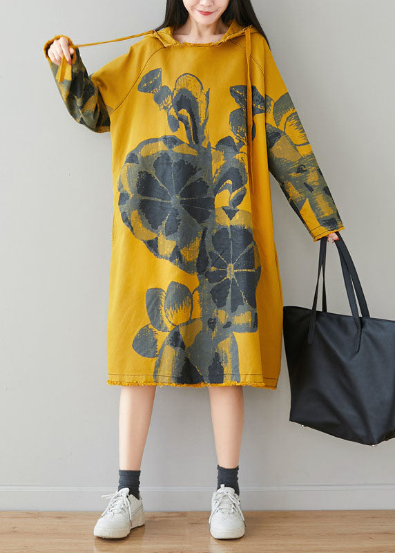 Fine Yellow Drawstring Hooded Print Pullover Dresses Spring