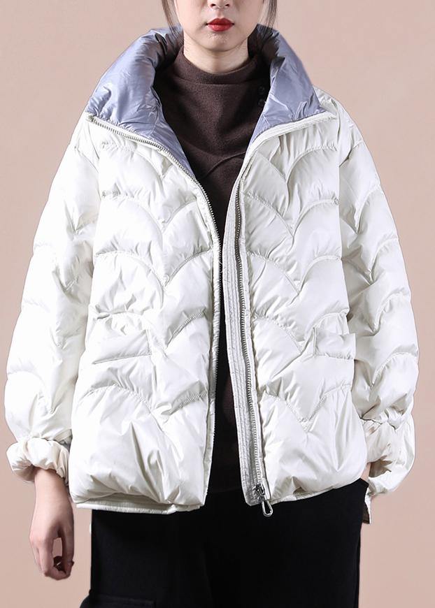 Fine Beige Down Coat Winter Stand Collar Zippered Coats