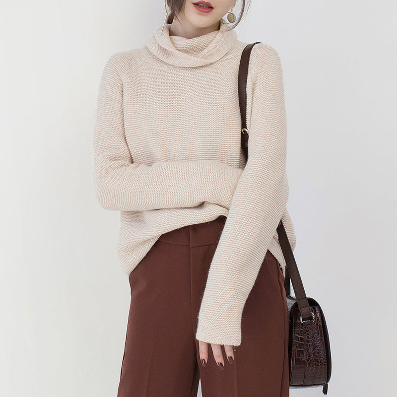 Fine Beige Sweater Clothing High Neck Knitted Blouses Baggy Winter Shirt