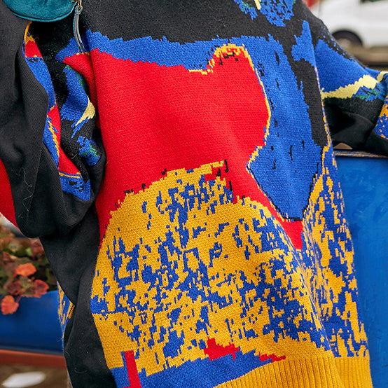 Fine Black Abstract Pattern Sweaters Fall O Neck Knitted Tops Fine Fall Sweaters