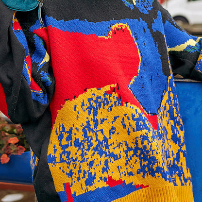 Fine Black Abstract Pattern Sweaters Fall O Neck Knitted Tops Fine Fall Sweaters