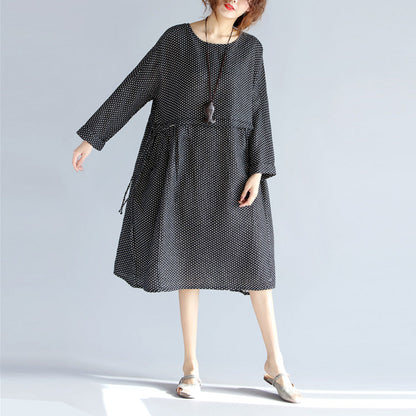 Fine Black Midi-length Cotton Linen Dress Loose Fitting Linen Cotton Dress Long Sleeve Large Hem O Neck Tunic Natural Cotton Linen Dress