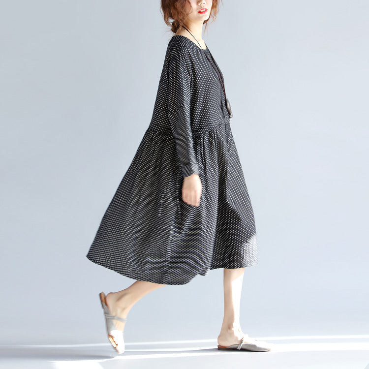 Fine Black Midi-length Cotton Linen Dress Loose Fitting Linen Cotton Dress Long Sleeve Large Hem O Neck Tunic Natural Cotton Linen Dress