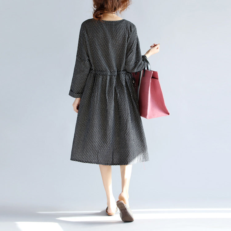 Fine Black Midi-length Cotton Linen Dress Loose Fitting Linen Cotton Dress Long Sleeve Large Hem O Neck Tunic Natural Cotton Linen Dress