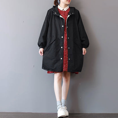 Fine Black Winter Coat Loose Fitting Hooded Coat Boutique Big Pockets Long Jackets