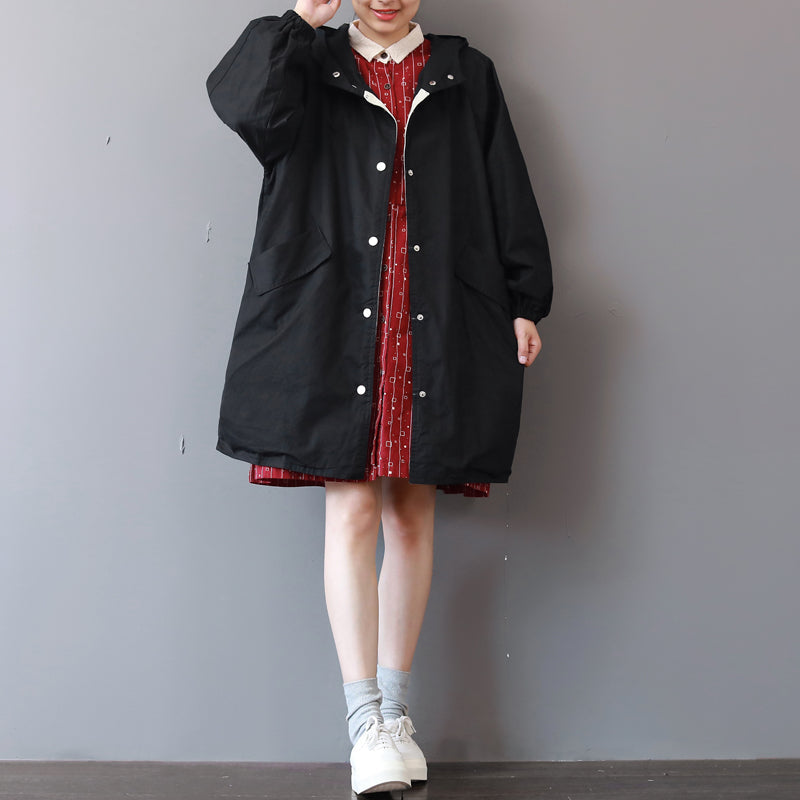 Fine Black Winter Coat Loose Fitting Hooded Coat Boutique Big Pockets Long Jackets